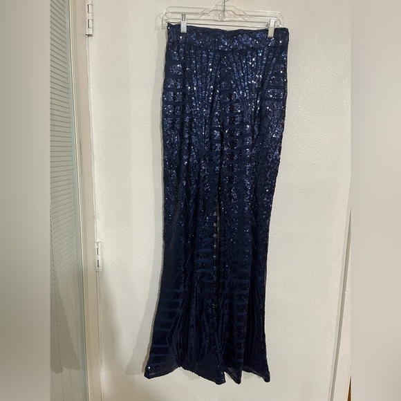 Unbranded navy blue sequin bootleg wide size L 95% polyester pants 11” boot size - Picture 1 of 5